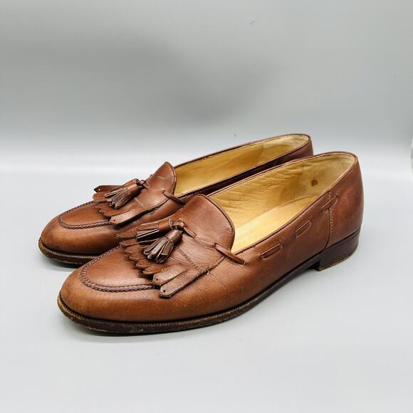 Johnston & Murphy Shoes Men 9 Brown Leather Kiltie Tassel Loafers Vtg Made Italy main image 2